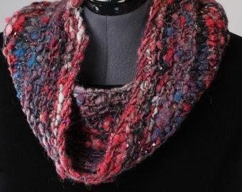 Red, Blue & Black Cowl #1, Hand Spun, Hand Knit