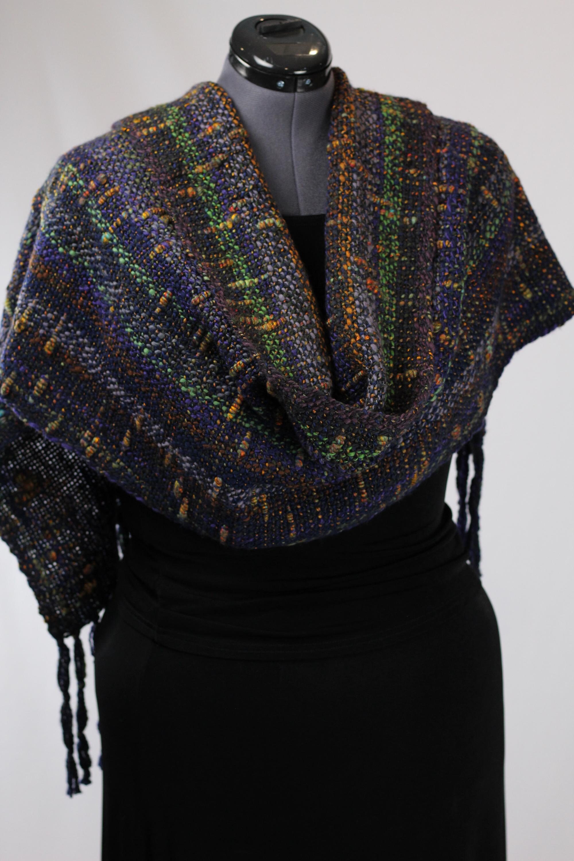 Navy/Multi, Wool/Bamboo Shawl Hand Spun, Handwoven