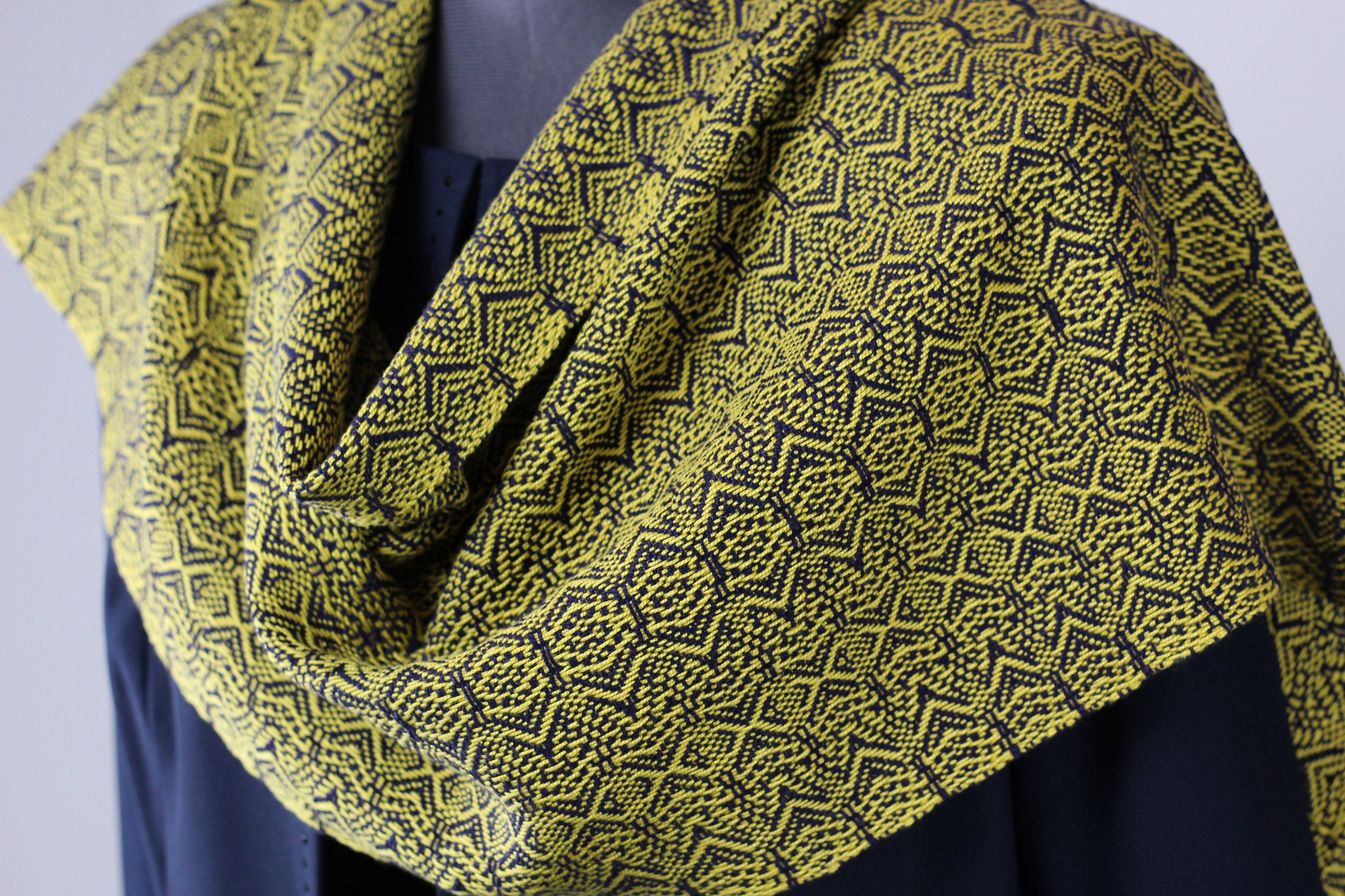 Navy Blue/Mustard Shawl, 100% Cotton, Handwoven