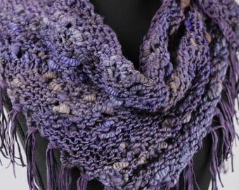 Shades of Dusky Purple, Hand Spun, Hand Knit, Shawlette with Faux Suede Fringe