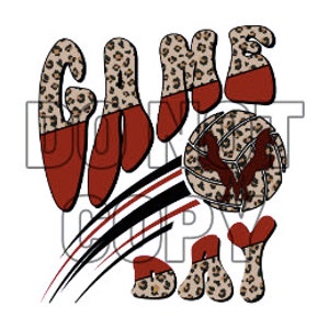 Op de afbeelding: Een rode en bruine luipaardprint grafische afbeelding met de tekst "GAME DAY" in een gestileerd lettertype. Een volleybal met een luipaardprint ontwerp en een rode en bruine adelaar afbeelding is op de achtergrond.
