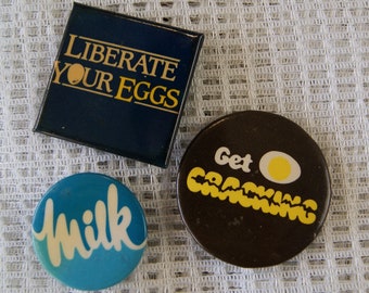 Milk and eggs pinback button collection
