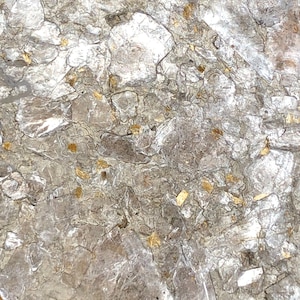 May include: A close-up of a silver and gold textured surface. The surface is made up of small, irregular pieces of silver and gold.