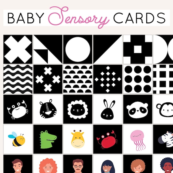 Baby sensory cards printable, set of 100, high contrast baby cards printable, animals, patterns, black and white, montessori, infant, baby