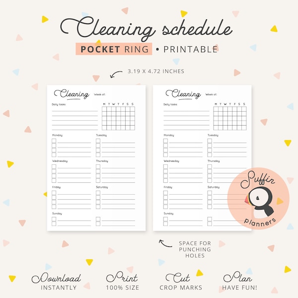 Cleaning schedule planner printable, Pocket rings inserts, Cleaning planner, pocket planner inserts, pocket rings planner printable | S01