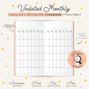 Standard TN inserts, Undated Monthly calendar, Midori travelers notebook inserts, TN standard size inserts, TN standard inserts | S01