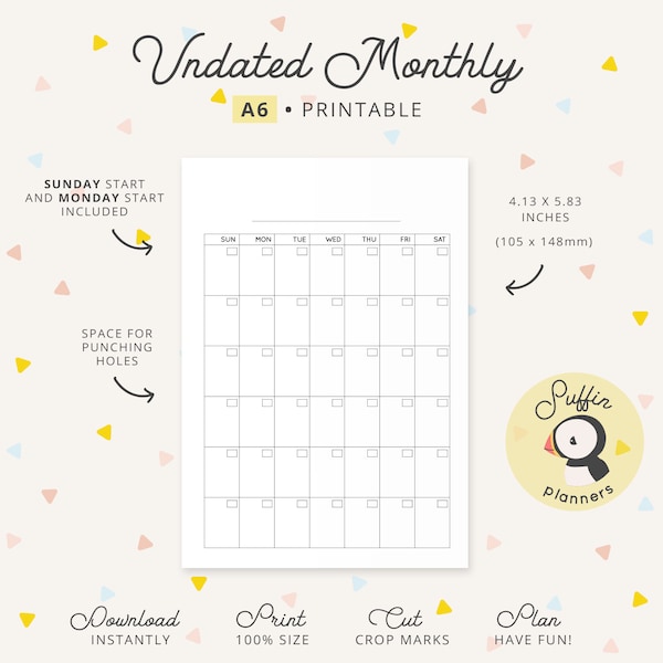 Undated monthly calendar A6 ring printable, A6 monthly insert printable, Blank calendar printable, Dateless month, A6 calendar insert, S01