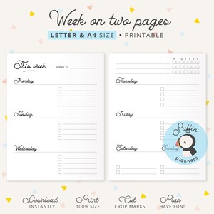 Week on Two Pages Printable A4 &amp; Letter Printable Letter - Etsy