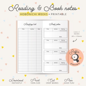 May include: Printable reading and book notes planner with a black and white design. The planner is 8.5 cm by 17.8 cm and has a reading list and book notes section. The reading list section has columns for title, author, and date. The book notes section has columns for title, author, rating, and date. The planner also has a cute penguin illustration.