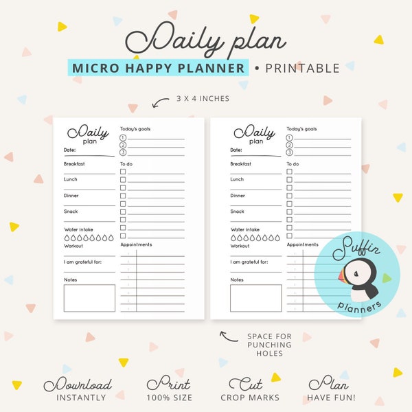 Micro Happy Planner printable, Daily plan, Micro Happy Planner daily inserts, Day on one page printable, Micro Happy Planner Inserts | S01