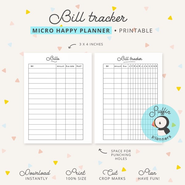 Micro happy planner bill pay checklist, Micro happy planner bill tracker, Bill payment planner for Micro Happy Planner, Bill checklist S01