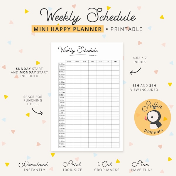 Mini Happy planner hourly inserts, hourly schedule, hourly planner pages, hourly planner inserts, Mini Happy Planner weekly schedule | S01