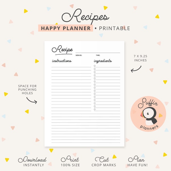 Happy planner recipe pages, Happy planner recipe insert, Printable recipe planner pages, Recipe printable planner, Recipe card printable S01
