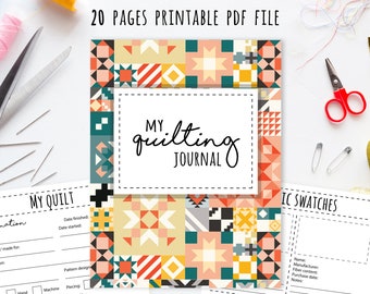 May include: A printable PDF journal for quilters with a colorful patchwork quilt cover. The journal includes pages for recording quilt information, fabric swatches, and notes.