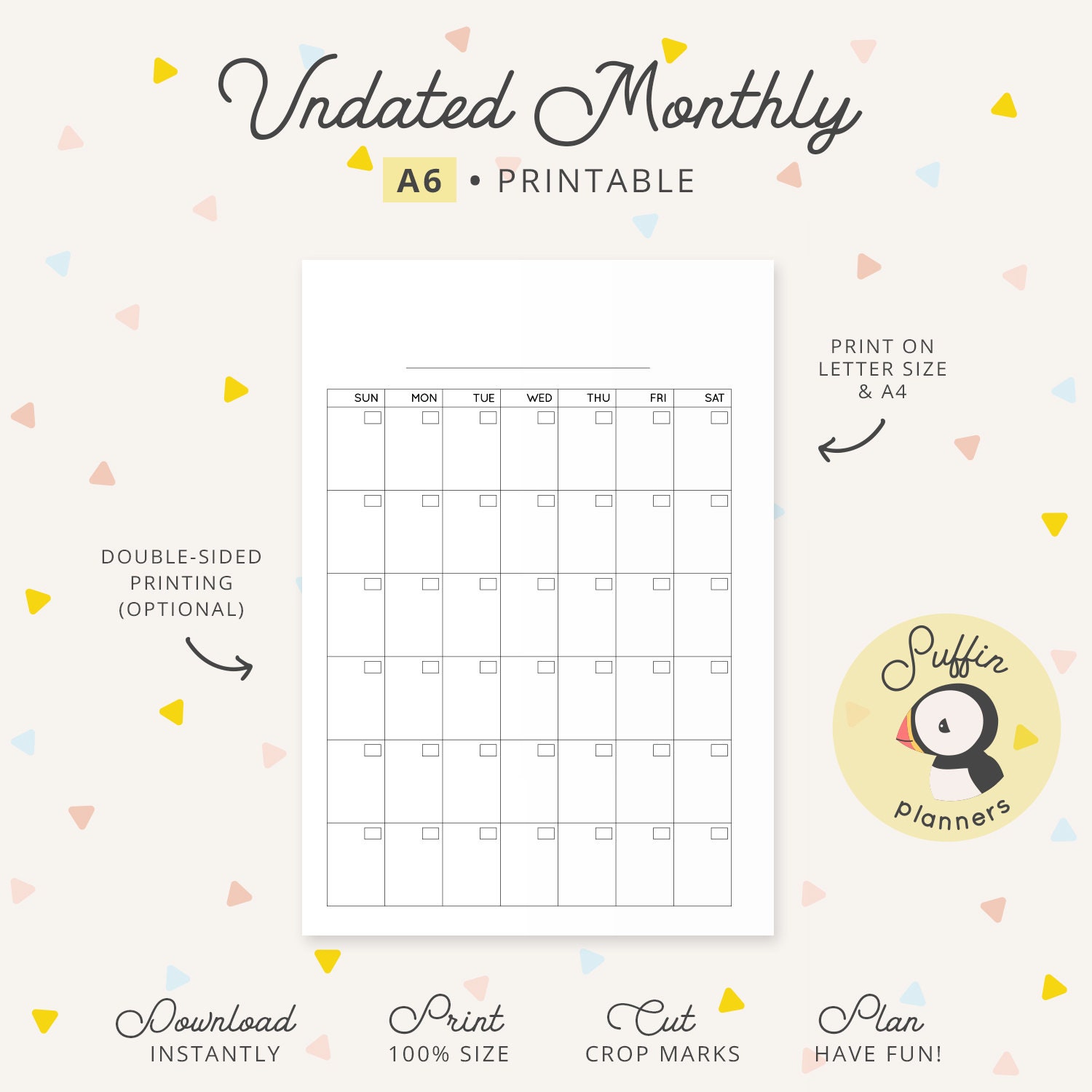 Undated Monthly Calendar A6 Ring Printable, A6 Monthly Insert Printable ...