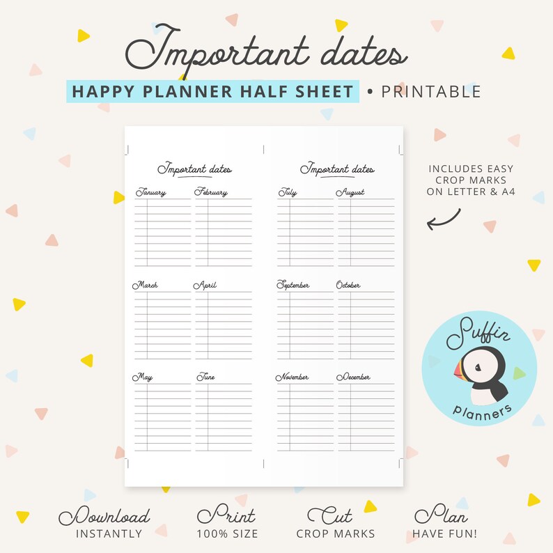 Important Dates Happy Planner Half Sheet Inserts Year Happy - Etsy