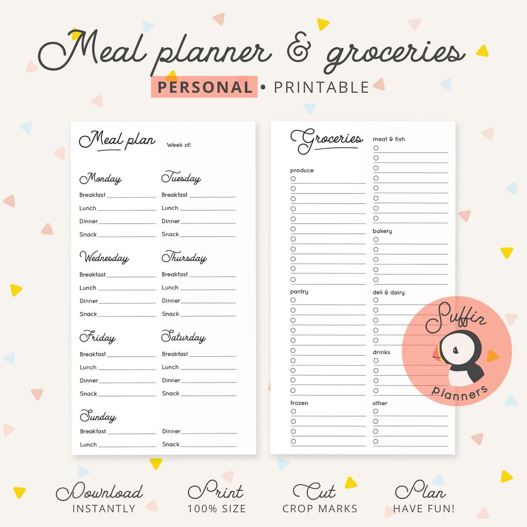 Meal Planner Printable for Personal Size Planner, Meal Plan Printable ...