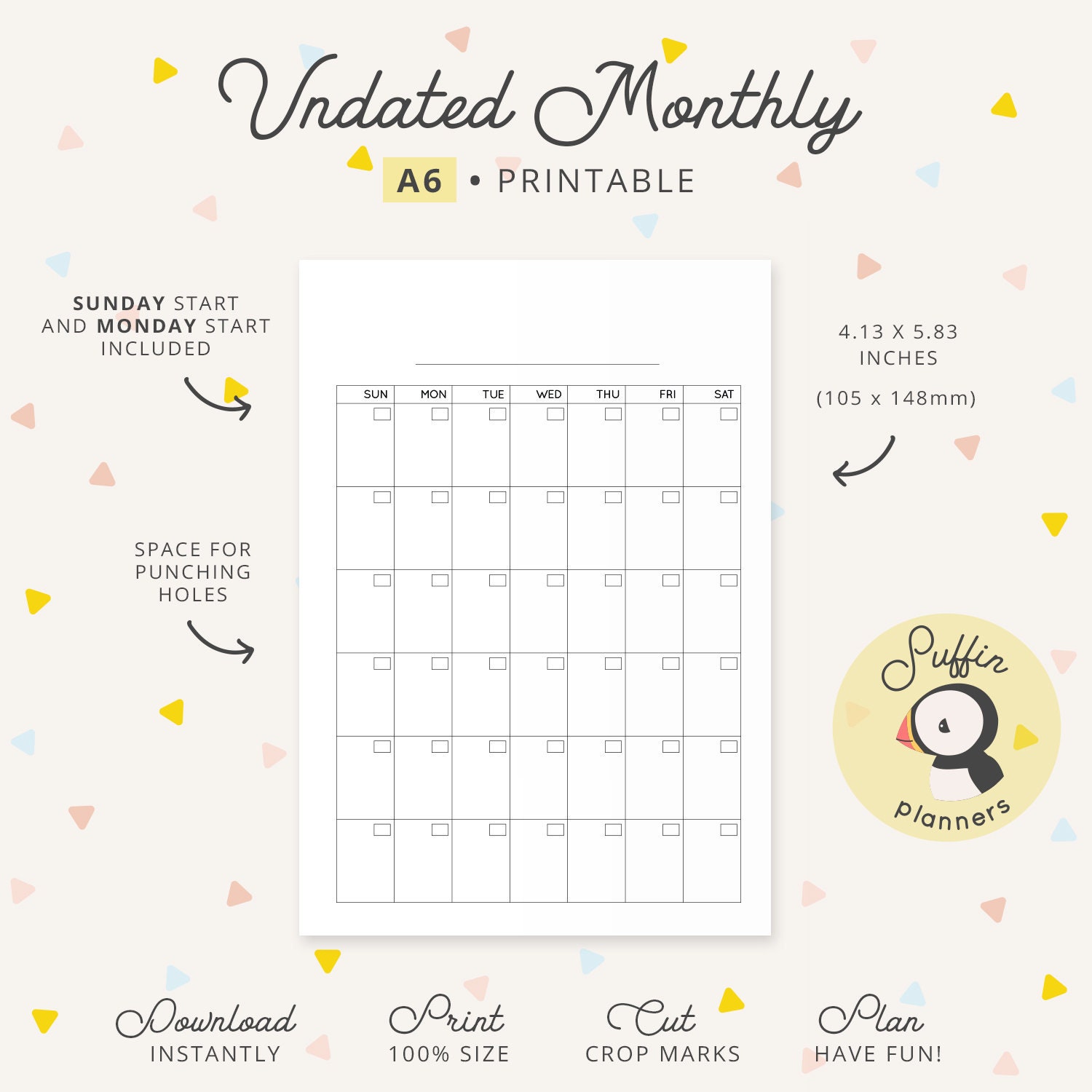 Undated Monthly Calendar A6 Ring Printable, A6 Monthly Insert Printable