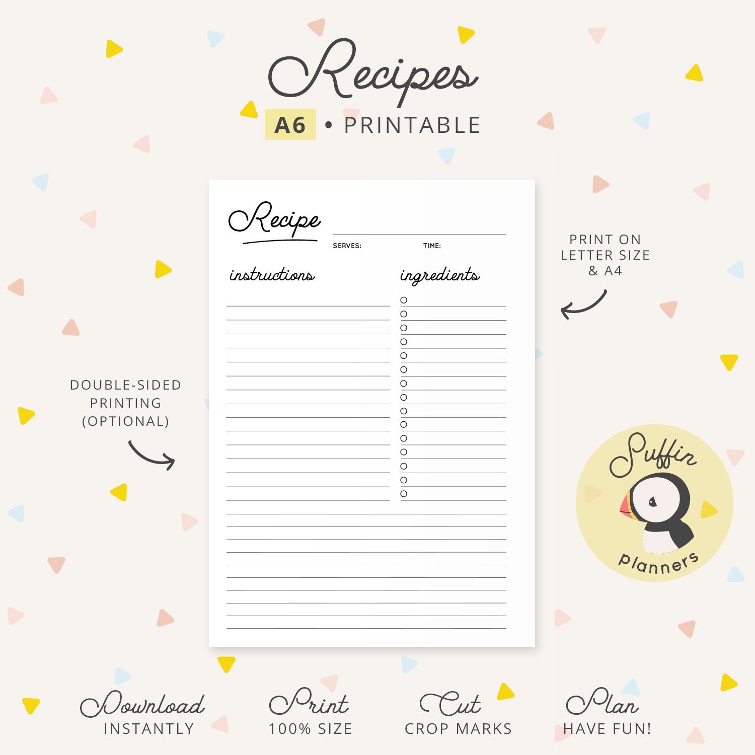 A6 Recipe Inserts, Printable Recipe Planner Pages for A6 Planners ...
