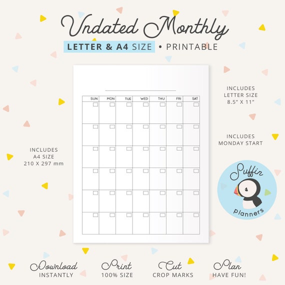 Calendrier vierge de 12 mois, calendrier mensuel imprimable