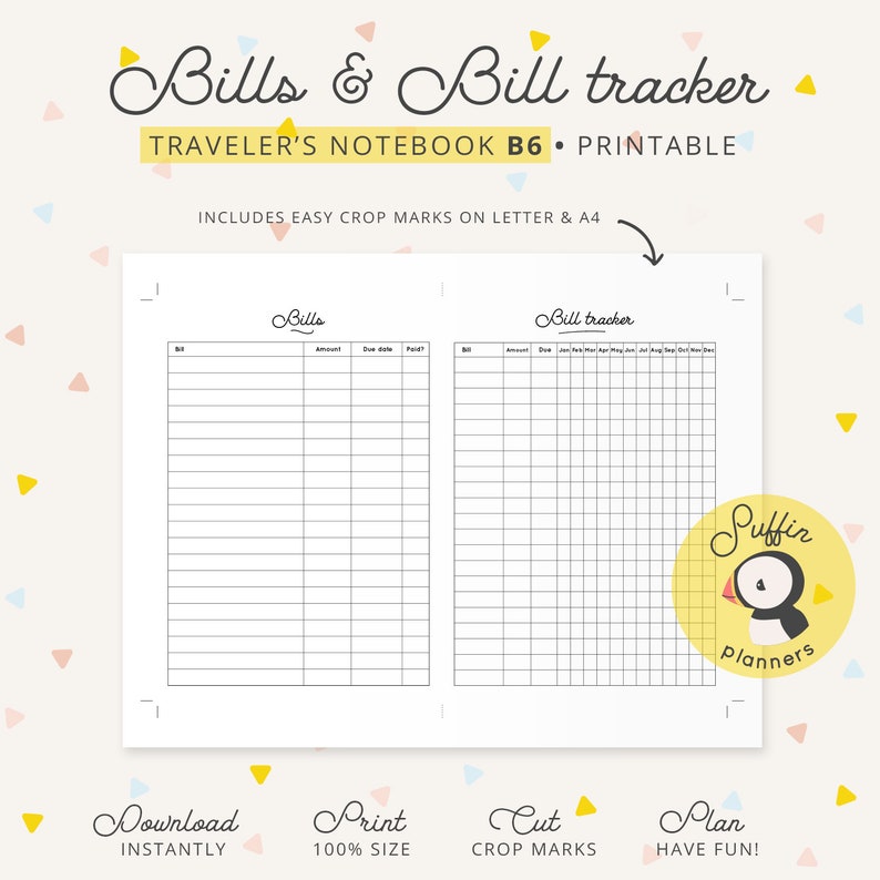 Bill Tracker, Travelers Notebook B6 Printables, B6 Printable, Tn B6 ...