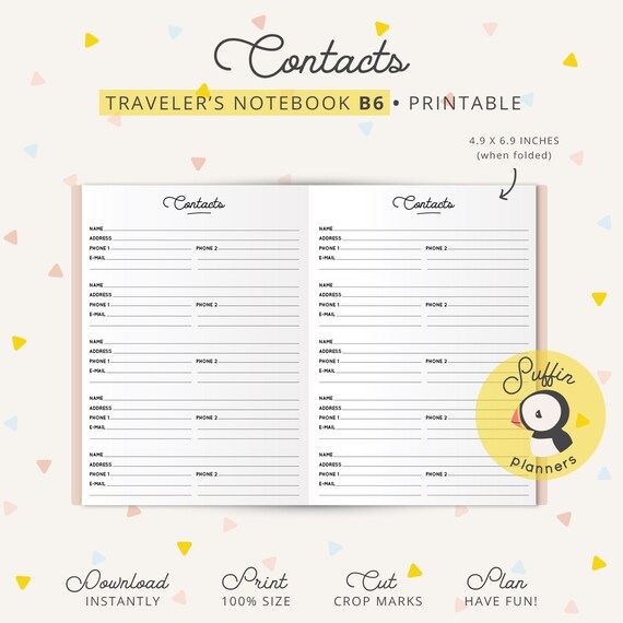 Contacts Travelers Notebook B6 Printables B6 Printable Tn - Etsy