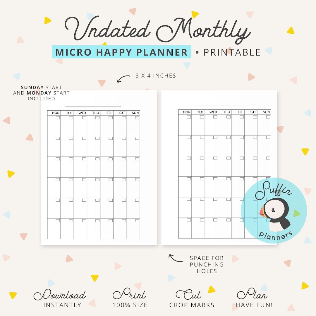 Micro Happy Planner Undated Monthly Calendar, Micro Happy Planner