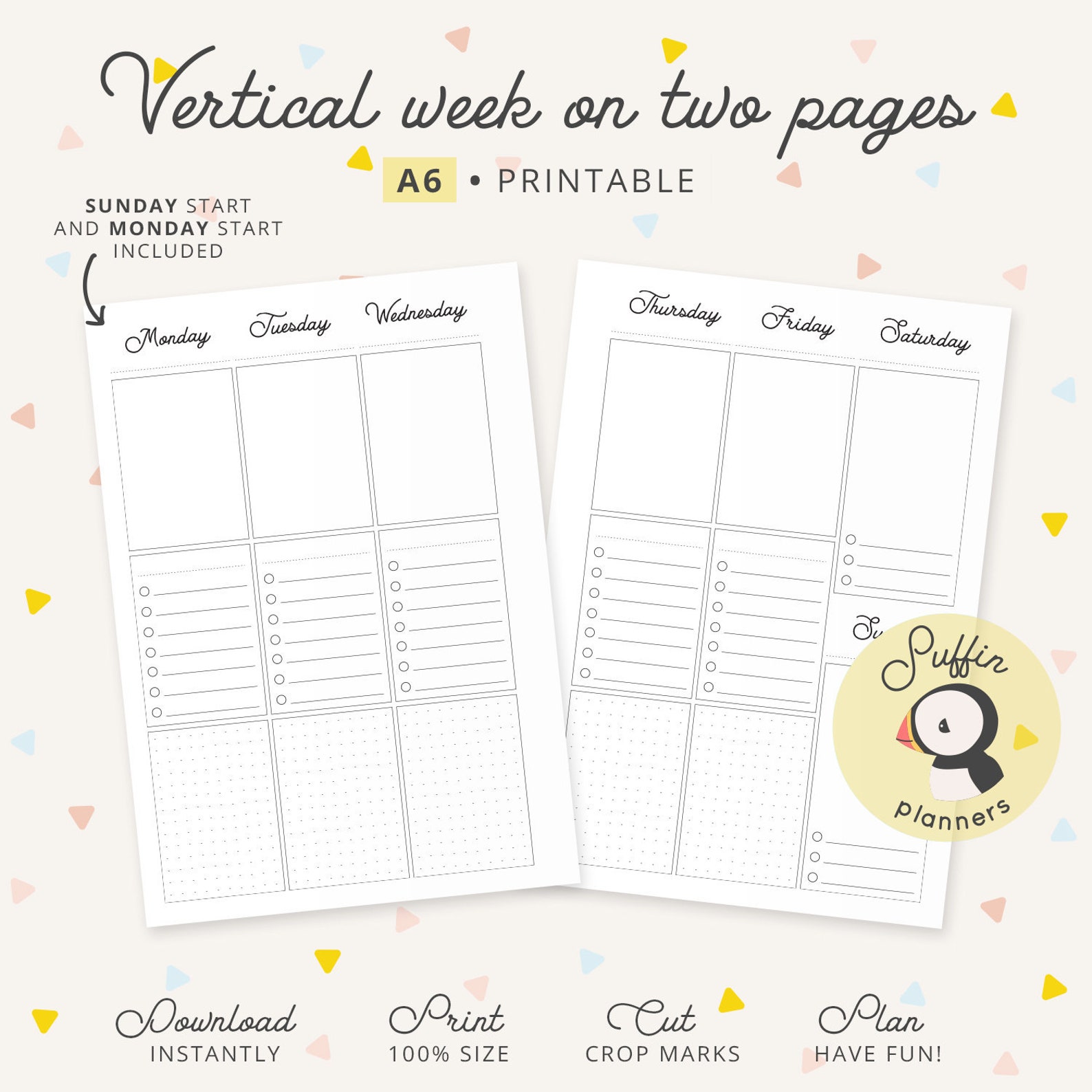 Vertical Weekly Planner Printable, Weekly Lists and Boxes, Week on Two