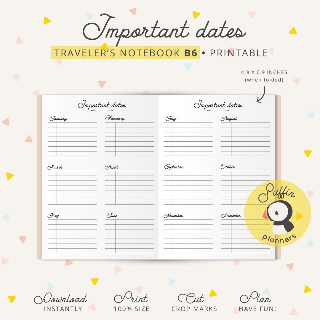 Travelers Notebook B6 Insert Important Dates TN B6 Inserts - Etsy UK