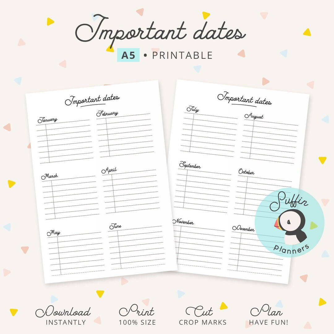 Important Dates A5 Ring Inserts Birthdays A5 Ring Printable Etsy