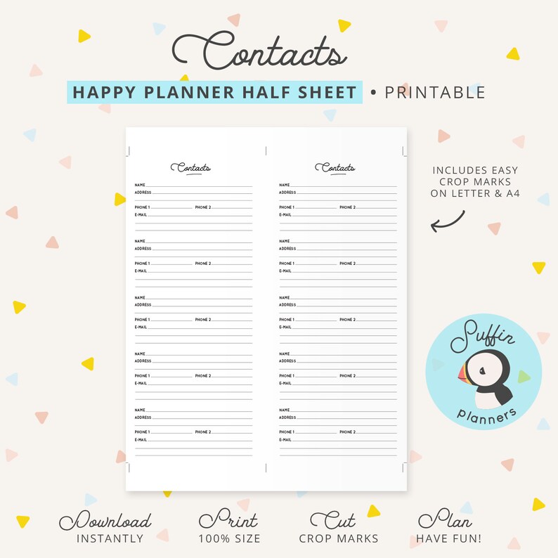 Contacts Happy Planner Half Sheet Printable Happy Planner - Etsy