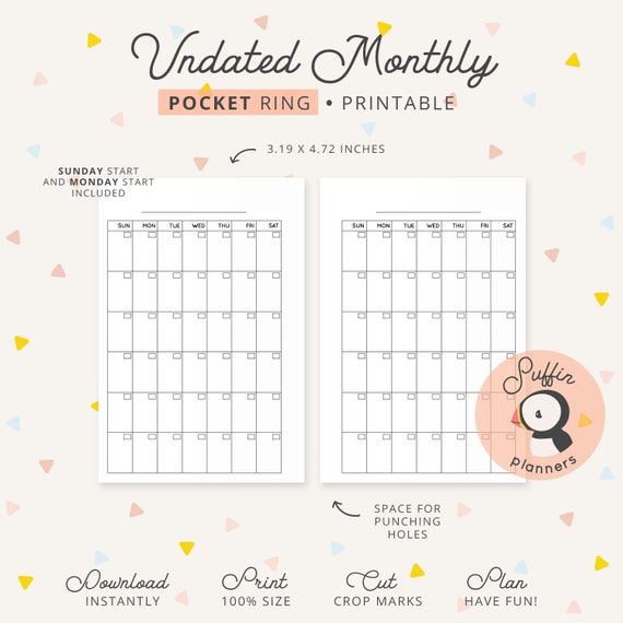 Pocket Ring Month, Undated Monthly Calendar Pocket Rings Inserts Printable, Pocket  Monthly Insert Printable, Blank Calendar Printable, S01 - Etsy
