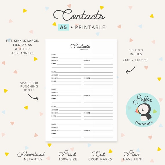 Address Book Planner Printable for A5 Ring Planners Contacts - Etsy