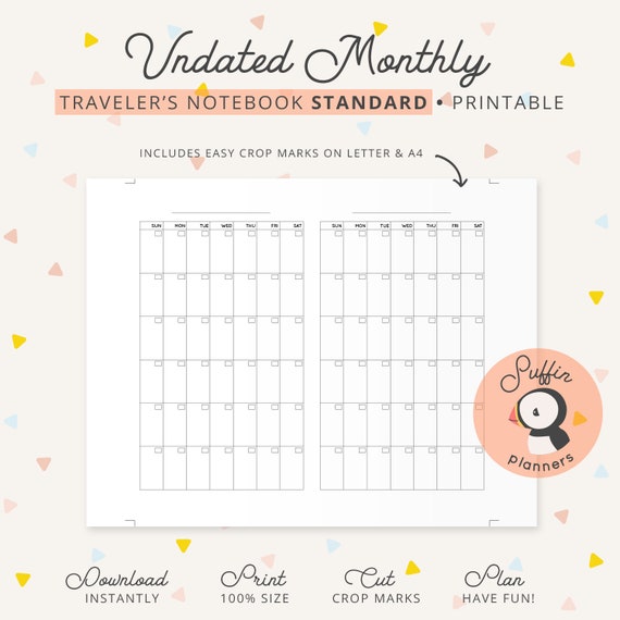 Standard TN Inserts, Undated Monthly Calendar, Midori Travelers Notebook  Inserts, TN Standard Size Inserts, TN Standard Inserts S01 - Etsy