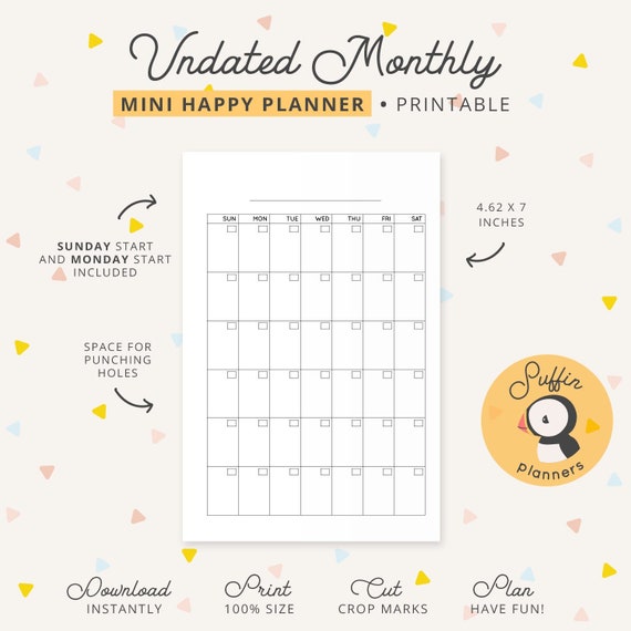 Mini Happy planner calendario mensile non datato, Mini Happy planner  inserto mensile stampabile, Calendario vuoto stampabile, Mese senza data  S01 -  Italia