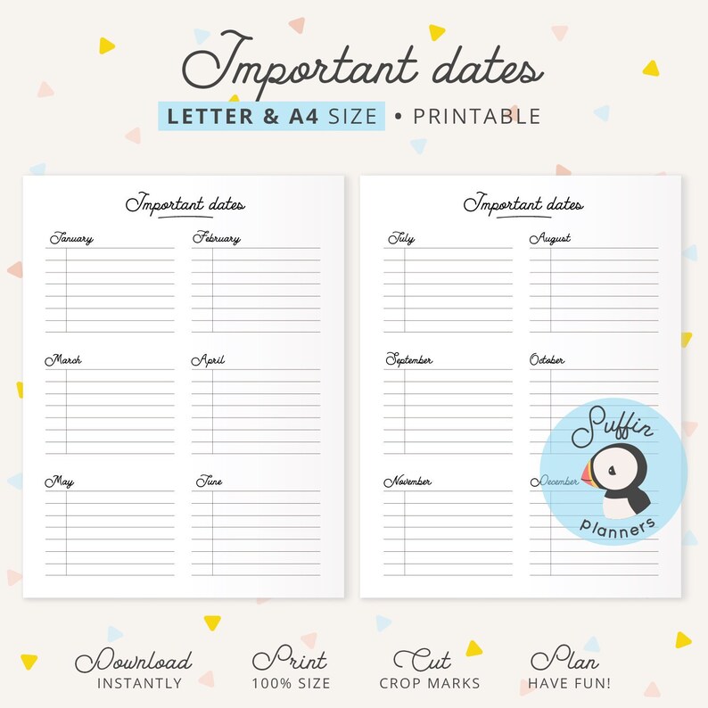Important Dates Printable A4 &amp; Letter Size Binder Insert - Etsy