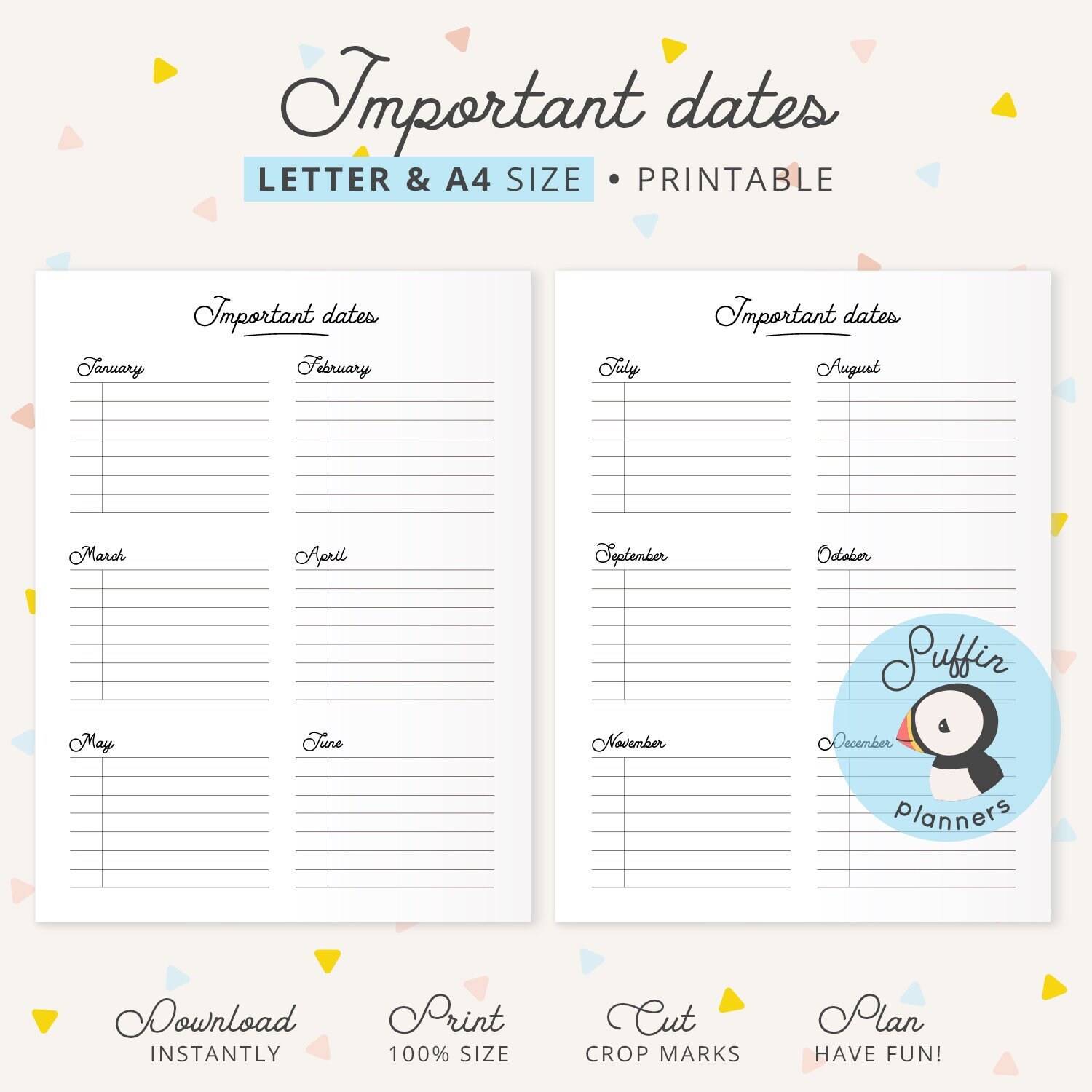 Important Dates Printable A4 &amp; Letter Size Binder Insert - Etsy