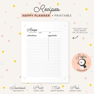 Happy Planner Recipe Pages, Happy Planner Recipe Insert, Printable ...