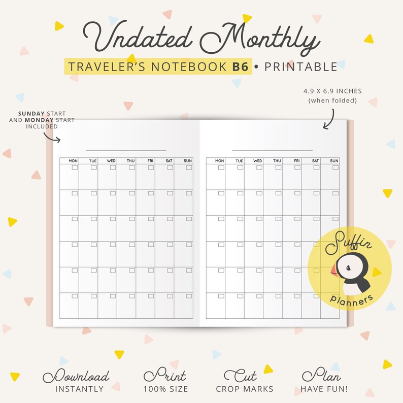 Undated Monthly Calendar Travelers Notebook B6 B6 Printable Etsy