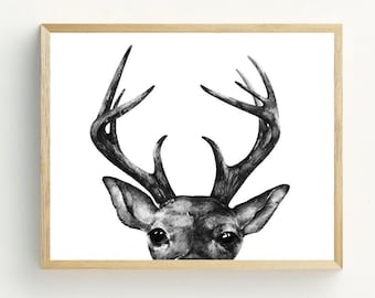 Black and White Deer Print, Woodland Wall Art, Watercolor Deer Art print, printable download, nursery wall art, 5x7, 8x10, 11x14, 16x20