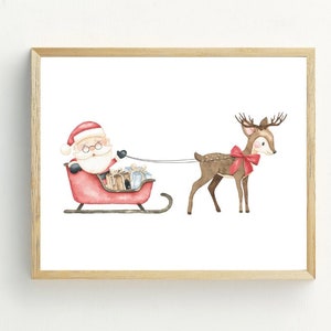 Santa Claus print, Santa and sleigh wall art, Christmas printables, Watercolor Christmas prints, Christmas wall art, 5x7, 8x10, 11x14