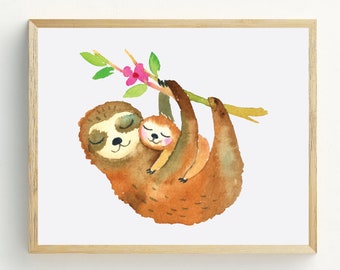 Mom and baby sloth Print, Animal Wall Art, Sloth Nursery printable art, digital download, girl nursery wall art, 5x7, 8x10, 11x14