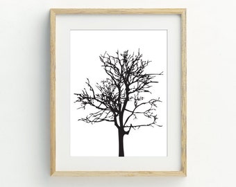 Tree Print, Woodland Wall Art, Minimalistyczny wystrój ścian drzew, Czarno-biała sztuka do druku na drzewie, natychmiastowe pobranie cyfrowe 5x7 8x10 11x14 16x20