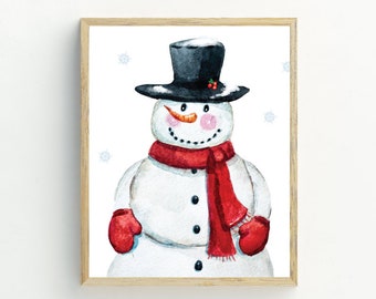 Sneeuwpop Print, Kerstmis Afdrukbaar, Sneeuwpop printable, Kerst kunst aan de muur decor, instant digitale download, 5x7, 8x10, 11x14, 16x20