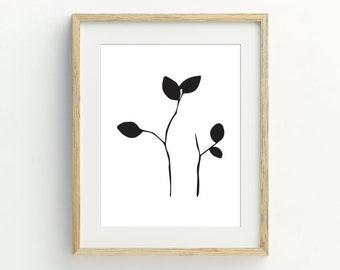 Black and White Minimalist Botanical print, Leaf wall art, Plant wall print, Instant Download Printable Art, 5x7, 8x10, 11x14