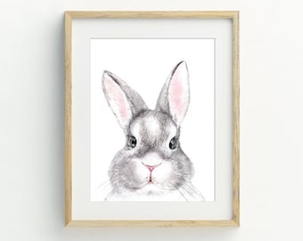 Estampado de conejo, decoración de pascua, decoración de pared de animales, póster de conejo, descarga de acuarela de conejo, arte de pared de guardería, 5x7, 8x10, 11x14
