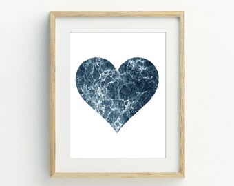 Blue Marble Heart Print, Marble Wall Art, Instant Download Printable Art, Heart Wall Decor, 5x7, 8x10, 11x14