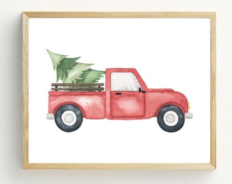 May include: A red pickup truck with a green Christmas tree in the bed. The truck is on a white background.