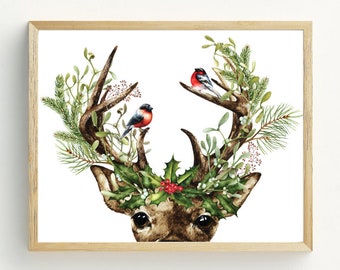 Deer Antlers Wall Art, Christmas Printable, Woodland Deer Art print, digital download, christmas wall art decor, 5x7, 8x10, 11x14, 16x20