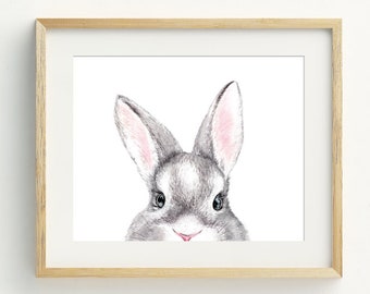 Rabbit Print, Animal Wall Art, Rabbit printable art, Bunny print, descarga digital, Peekaboo rabbit nursery wall art, 5x7, 8x10, 11x14
